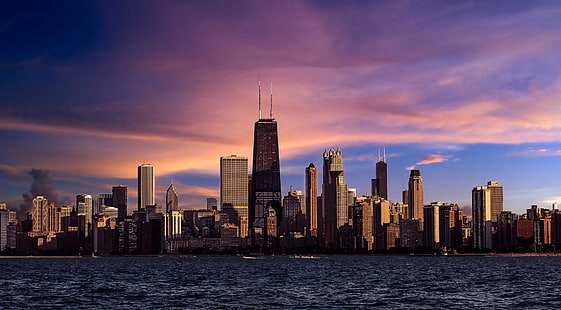 غروب الشمس ، المدينة ، النهر ، ناطحات السحاب ، المساء ، شيكاغو ، إيل، خلفية HD HD wallpaper