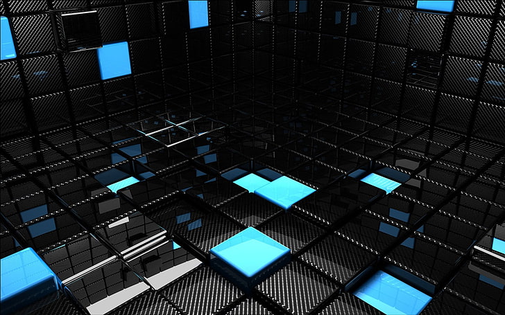 wallpaper blok hitam dan biru, abstrak, Blok 3D, render, seni digital, 3D, CGI, hitam, biru, cyan, Wallpaper HD