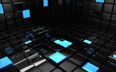 fond d'écran de blocs noirs et bleus, abstrait, blocs 3D, rendu, art numérique, 3D, CGI, noir, bleu, cyan, Fond d'écran HD HD wallpaper