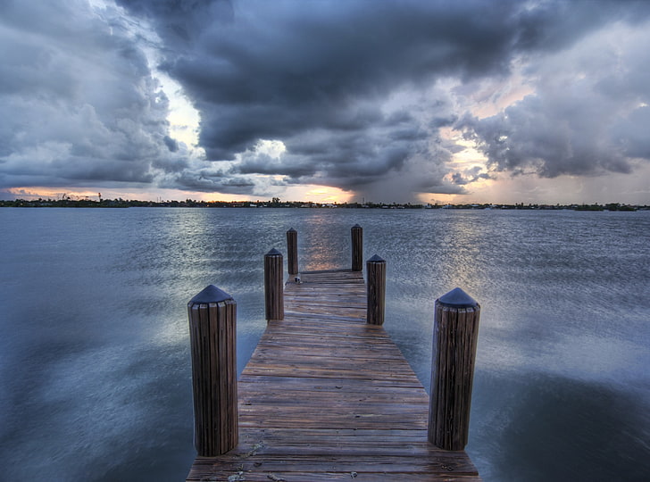 Sea Pontoon, brown wooden dock, Nature, Beach, Water, Storm, Clouds, Pontoon, HD wallpaper