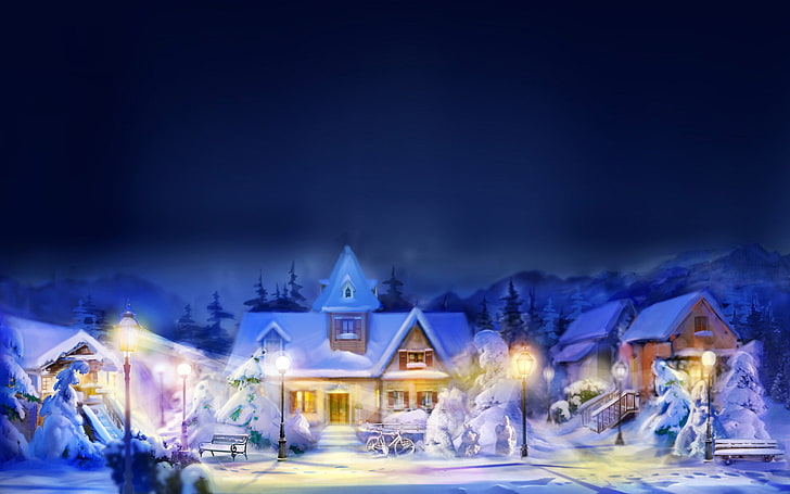 city, drawings, houses, mountains, night, snow, trees, widescreen, winter, HD wallpaper