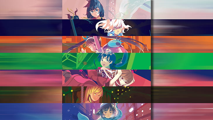 Monogatari Series, anime girls, Senjougahara Hitagi, Araragi Karen, Hanekawa Tsubasa, Kanbaru Suruga, Hachikuji Mayoi, Sengoku Nadeko, Oshino Shinobu, Fond d'écran HD