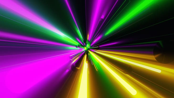 นามธรรม นีออน ที่เร่าร้อน เส้น มืด 3D Abstract เครื่องปั่น CGI ศิลปะดิจิตอล พื้นหลังที่เรียบง่าย มีสีสัน สีสันสดใส งานศิลปะ การสะท้อน synthwave ไอน้ำ อุโมงค์ 4K สว่าง นิยายวิทยาศาสตร์ ส่องแสง ชมพู , เหลืองเขียว, วอลล์เปเปอร์ HD