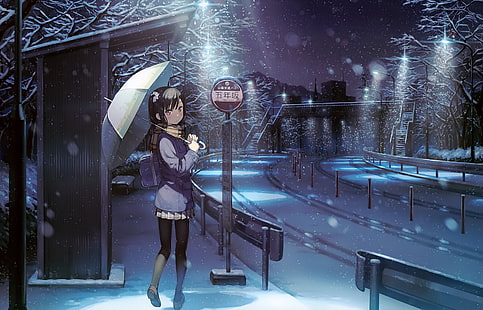 Anime, originale, borsa, ponte, capelli castani, fermata dell'autobus, ragazza, notte, strada, sciarpa, capelli corti, neve, nevicata, ombrello, inverno, Sfondo HD HD wallpaper