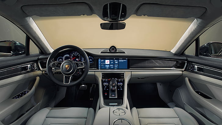 car interior displaying car stereo, control panel and steering wheel, Porsche Panamera Turbo, sedan, interior, HD wallpaper