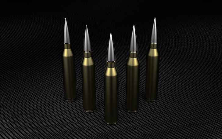 fünf graue kugeln, rendern, waffen, stahl, kugel, patrone, rendern, armee, der dunkle hintergrund, mixer, munition, munition, HD-Hintergrundbild