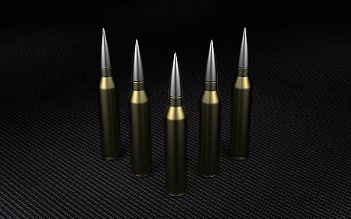 five gray bullets, rendering, weapons, steel, bullet, cartridge, render, army, the dark background, Blender, ammo, ammunition, HD wallpaper HD wallpaper