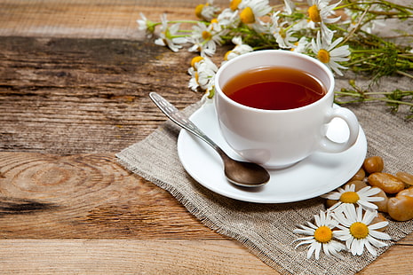 xícara de chá de cerâmica branca, chá, camomila, caneca, bebida, colher, pires, HD papel de parede HD wallpaper