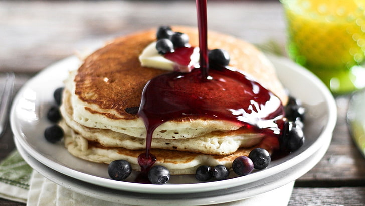 pancake with blueberries, pancakes, syrup, bilberry, berry, HD wallpaper
