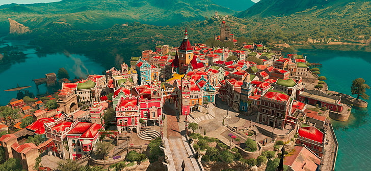 città vicino montagna e mare, videogiochi, panorama, The Witcher 3: Wild Hunt, paesaggio urbano, The Witcher, Sfondo HD