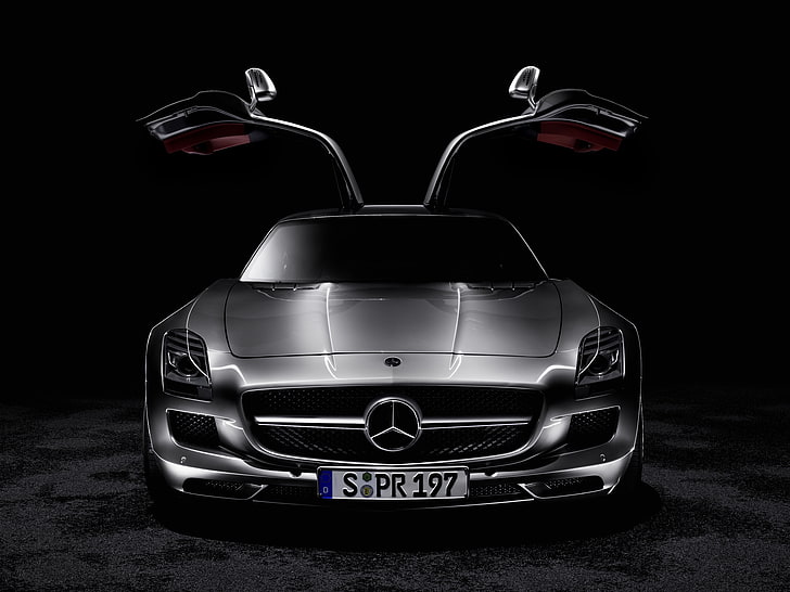 серебристый Mercedes-Benz, иллюстрация автомобиля, SLS, открытые двери, Mersedes, HD обои