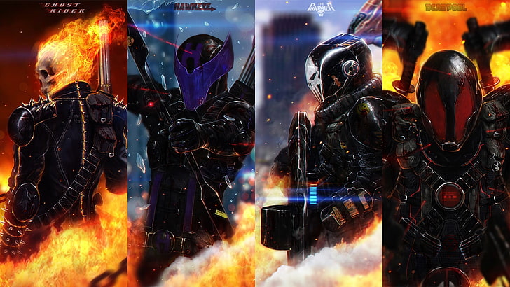 collage de personnages variés, Marvel Comics, Hawkeye, Ghost Rider, The Punisher, Deadpool, collage, crâne, feu, art numérique, Fond d'écran HD