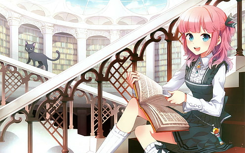 libri, biblioteca, gatto, anime girls, personaggi originali, Sfondo HD HD wallpaper