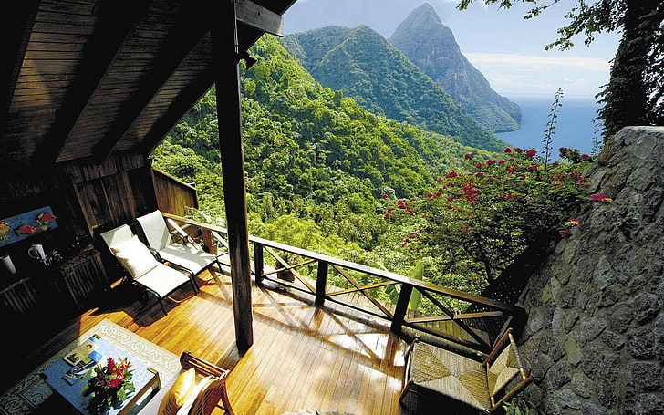 pagar kayu coklat, alam, bukit, laut, hari libur, teras, kursi, meja, pohon, hutan, Wallpaper HD