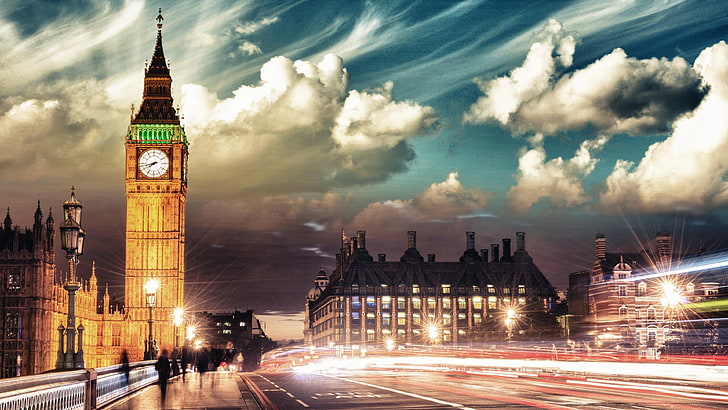 туристическа атракция, Лондон, Обединеното кралство, центъра, движение, вечер, нощ, кула, здрач, небе, облак, град, Уестминстър мост, град, градски пейзаж, Биг Бен, забележителност, HD тапет
