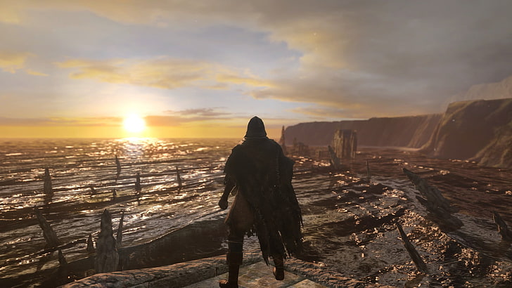 Dark Souls II, Majula, ภูเขา, ซากปรักหักพัง, ทะเล, พระอาทิตย์ตก, อมนุษย์, วอลล์เปเปอร์ HD