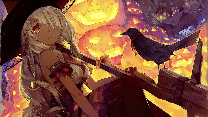 Halloween, anime, fan art, Jack O' Lantern, pumpkin, crow, witch hat, HD wallpaper