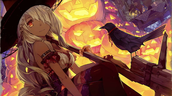 Halloween, anime, fan art, Jack O' Lantern, pumpkin, crow, witch hat, HD wallpaper HD wallpaper