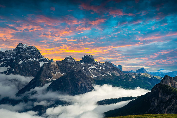 Tre Cime di Lavaredo, 4K, Dolomites, Crépuscule, Italie, Three Peaks, Fond d'écran HD
