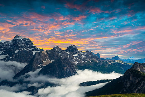 Tre Cime di Lavaredo, 4K, Dolomitas, Anochecer, Italia, Three Peaks, Fondo de pantalla HD HD wallpaper