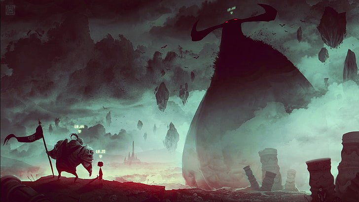 mężczyzna trzymający flagę stojącą i stojącą przed gigantycznym potworem ilustracja, grafika, sztuka fantasy, RPG, gry wideo, patrząc w dal, Tapety HD