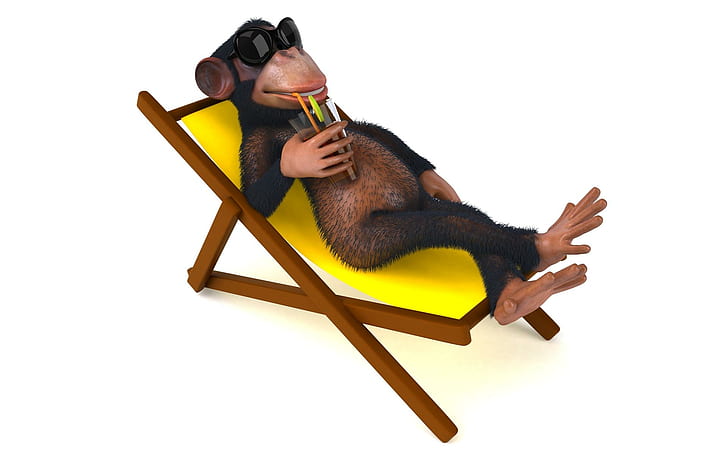 Scimmia in vacanza, scimmia, relax, vacanza, bevanda, estate, 3d ed estratto, Sfondo HD