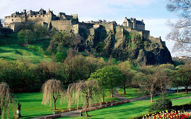콘크리트 성, 스코틀랜드, 성, 언덕, 잔디, 자연, 풍경, HD 배경 화면