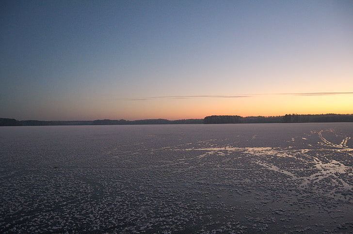 gray body of water, winter, evening, sunset, lake, HD wallpaper