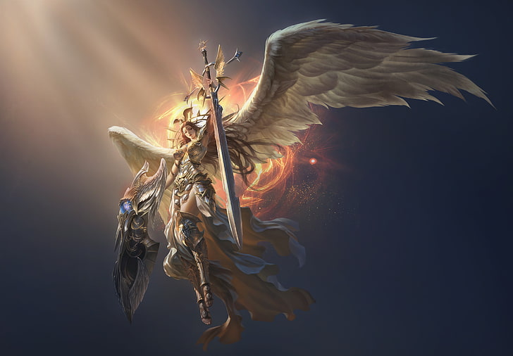 armadura, decote, espada, asas, arma, cabelos longos, morena, liga dos anjos, HD papel de parede