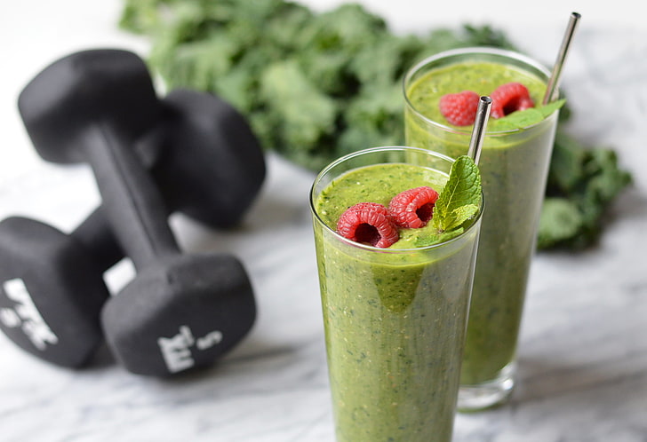 two clear drinking glasses and pair of black dumbbells, dumbbells, smoothies, raspberry, sports nutrition, HD wallpaper