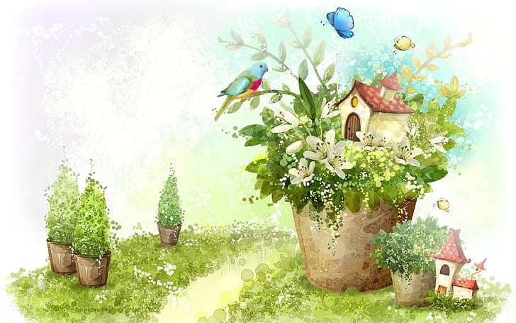 Lukisan hijau musim semi dan parrot, Lukisan, Hijau, Spring, Parrot, Wallpaper HD