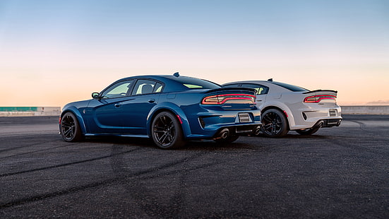 Ausweichen, Ausweichen-Ladegerät SRT Hellcat Widebody, blaues Auto, Auto, Muskel-Auto, weißes Auto, HD-Hintergrundbild HD wallpaper