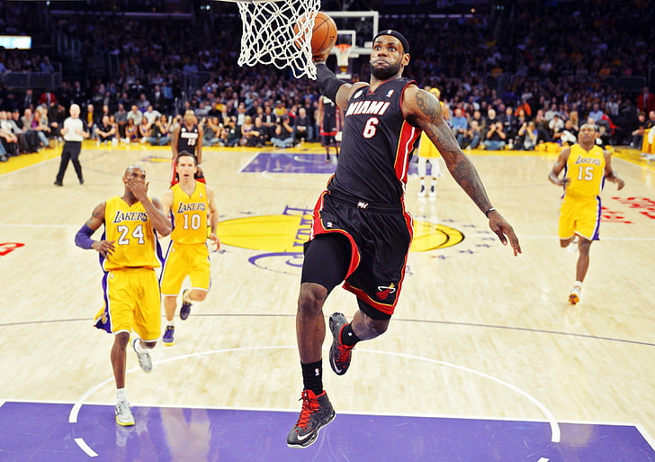 Леброн Джеймс, НБА, баскетбол, обруч, Лос-Анджелес Лейкерс, прыжки, HD обои