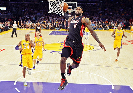 Леброн Джеймс, НБА, баскетбол, обруч, Лос-Анджелес Лейкерс, прыжки, HD обои HD wallpaper