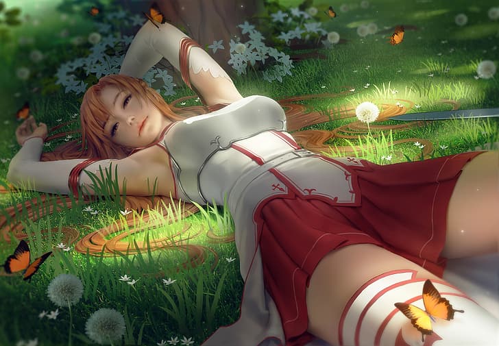 Yuuki Asuna, Sword Art Online, อะนิเมะ, สาวอะนิเมะ, ปลอกแขน, ชุดเกราะ, การแต่งกาย, ต้นขาสูง, นอนหงาย, หญ้า, ดอกแดนดิไลอัน, ดอกไม้, ระยะชัดลึก, ผมยาว, กำลังมองหาผู้ชม, ยิ้ม, ผีเสื้อ, งานศิลปะ, ภาพวาด, ศิลปะดิจิตอล, แฟนอาร์ต, Zarory, วอลล์เปเปอร์ HD