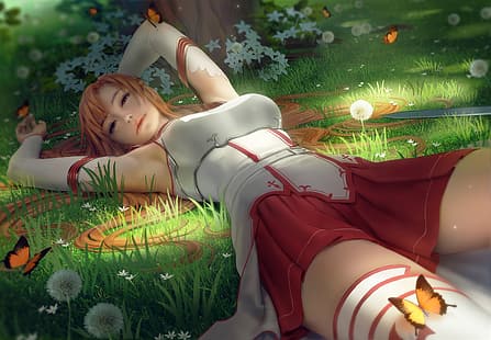 Yuuki Asuna, Sword Art Online, อะนิเมะ, สาวอะนิเมะ, ปลอกแขน, ชุดเกราะ, การแต่งกาย, ต้นขาสูง, นอนหงาย, หญ้า, ดอกแดนดิไลอัน, ดอกไม้, ระยะชัดลึก, ผมยาว, กำลังมองหาผู้ชม, ยิ้ม, ผีเสื้อ, งานศิลปะ, ภาพวาด, ศิลปะดิจิตอล, แฟนอาร์ต, Zarory, วอลล์เปเปอร์ HD HD wallpaper