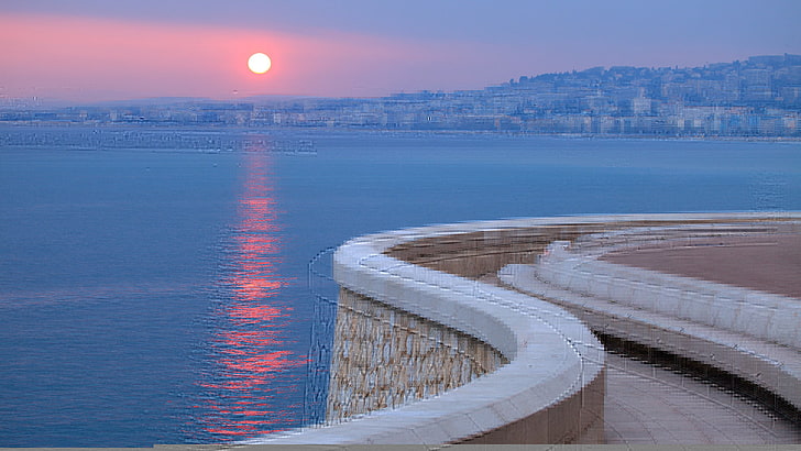 brown concrete pathway, sea, sunset, the city, France, promenade, French Riviera, The French Riviera, Cote D'azur, HD wallpaper