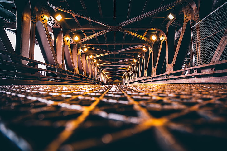 worm view of steel bridge, bridge, backlight, chicago, construction, HD wallpaper
