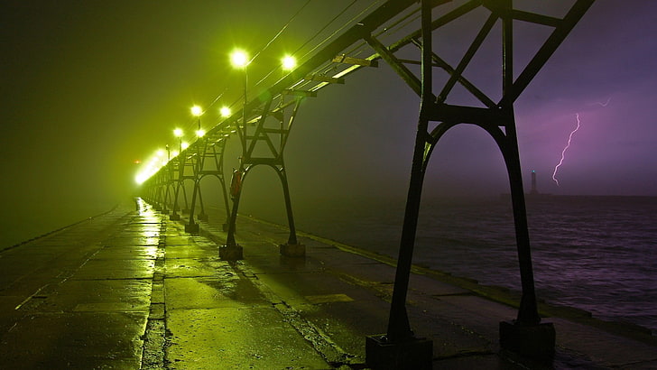 black metal bridge with lights, bridge, night, lights, city, river, light, HD wallpaper