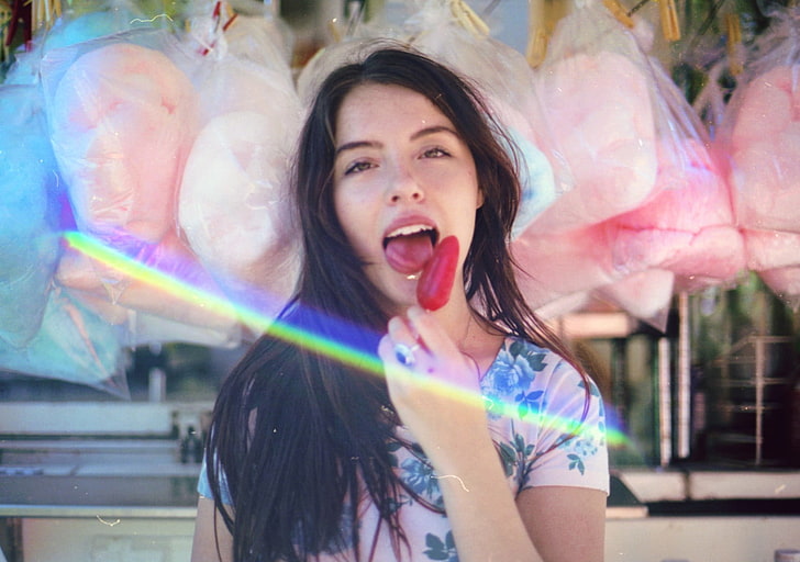 women, brunette, cotton candy, looking at viewer, eating, popsicle, tongues, HD wallpaper