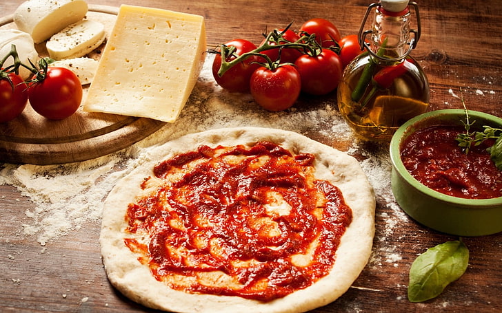 tomato pizza, dough, sauce, cheese, tomatoes, oil, HD wallpaper