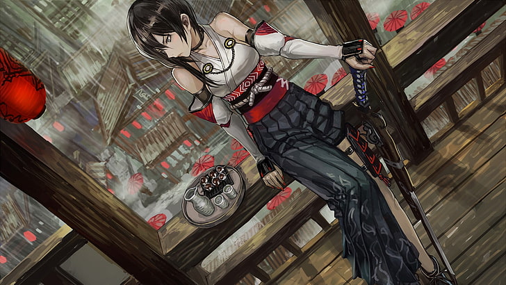 personagem de anime feminino segurando a ilustração de rifle, Pixiv Fantasia, cabelo preto, arma, arma, anime, meninas anime, personagens originais, Pixiv Fantasia T, roupas tradicionais, espada, lanterna, HD papel de parede