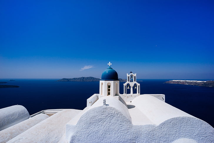 mer, ciel, Santorin, Grèce, église, île de Thira, Fond d'écran HD