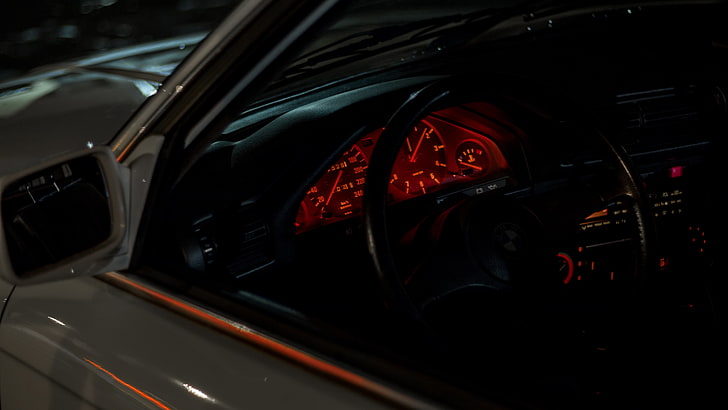 interior del vehículo negro y rojo, BMW, BMW E30, automóvil antiguo, Oldtimer, automóviles alemanes, luces, automóviles blancos, bmw serie 3, Fondo de pantalla HD