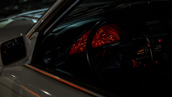 interior del vehículo negro y rojo, BMW, BMW E30, automóvil antiguo, Oldtimer, automóviles alemanes, luces, automóviles blancos, bmw serie 3, Fondo de pantalla HD HD wallpaper