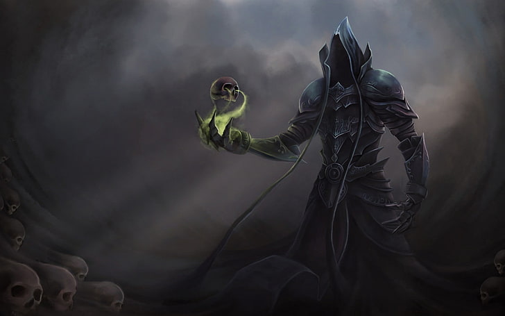 man with skull on hand illustration, Diablo, Diablo III, fantasy art, digital art, video games, skull, HD wallpaper