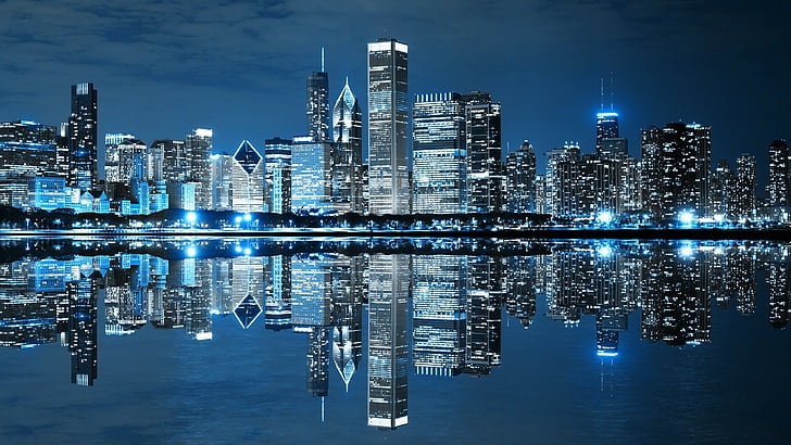 大都市、シカゴ、ダウンタウン、空、タワーブロック、夜、ランドマーク、湖、高層ビル、水、青い都市景観、ミシガン湖、都市、スカイライン、都市景観、反射、青い風景、街の灯、反射、 HDデスクトップの壁紙
