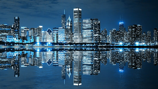 metropolis, chicago, pusat kota, langit, blok menara, malam, tengara, danau, pencakar langit, air, lanskap kota biru, danau michigan, kota, kaki langit, lanskap kota, reflektif, lanskap biru, lampu kota, refleksi, Wallpaper HD HD wallpaper