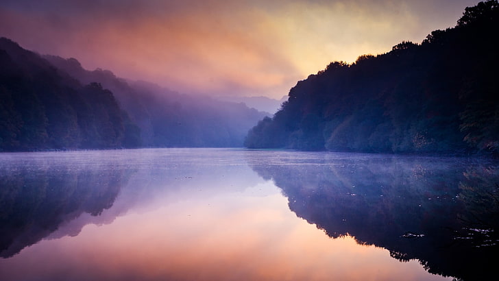 Foto von See zwischen Bäumen, Landschaft, Natur, Nebel, See, Reflexion, ruhiges Wasser, Abend, HD-Hintergrundbild