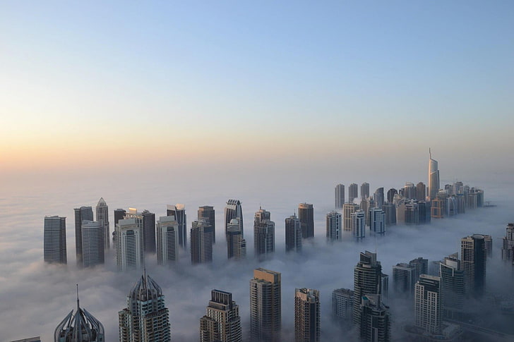 bangunan bertingkat tinggi, kabut, tinggi, gedung pencakar langit, pagi, Dubai, sejuk, Wallpaper HD